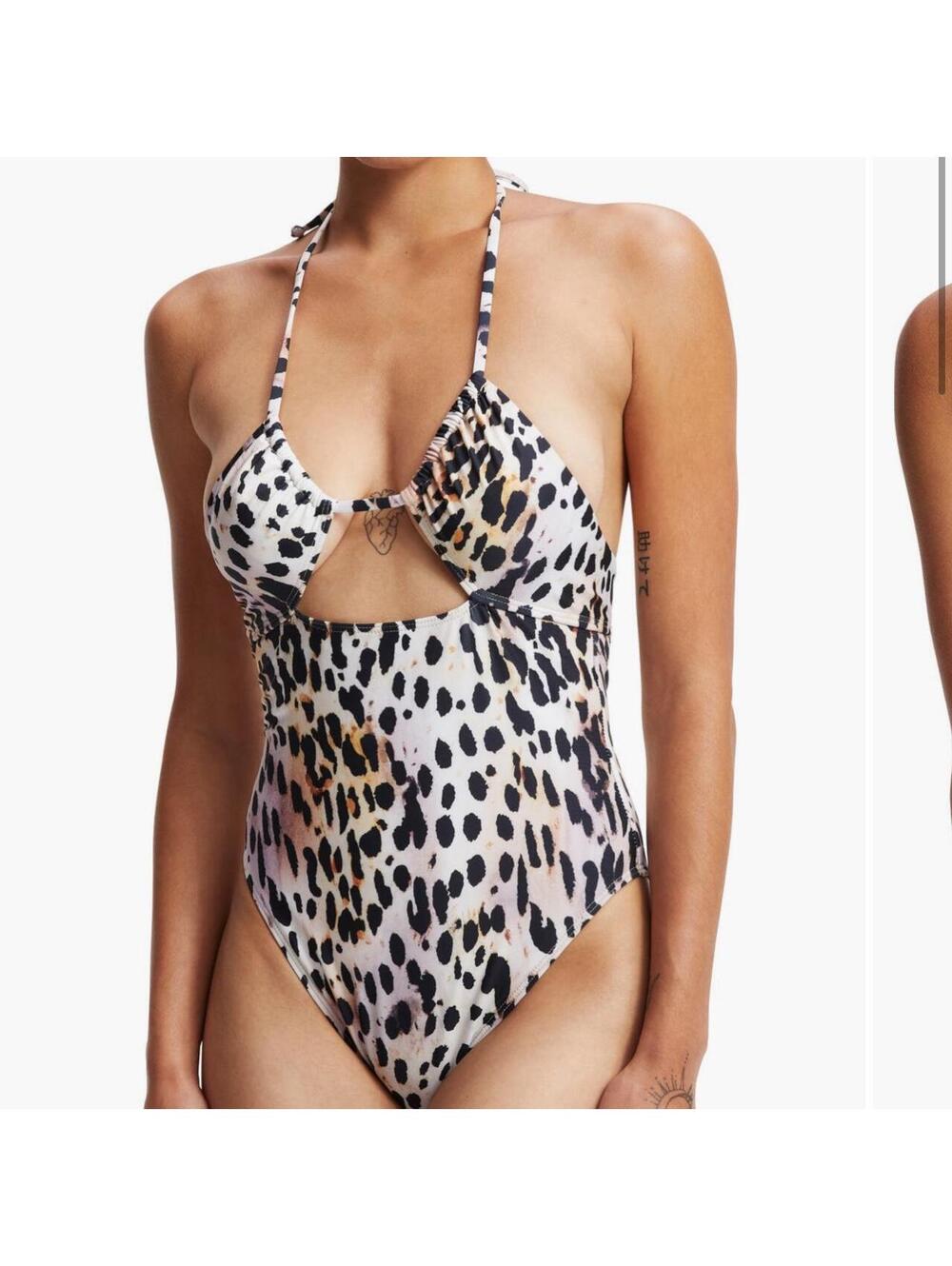 Good American ruched halter swimsuit in cheetah print